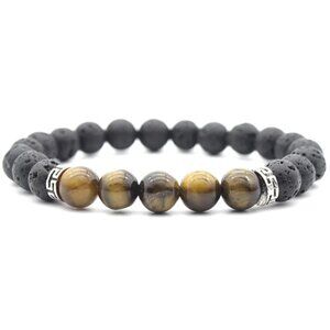 Men's Brown Tiger's Eye & Black Volcanic Lava Rock Natural Stone Beaded Bracelet
